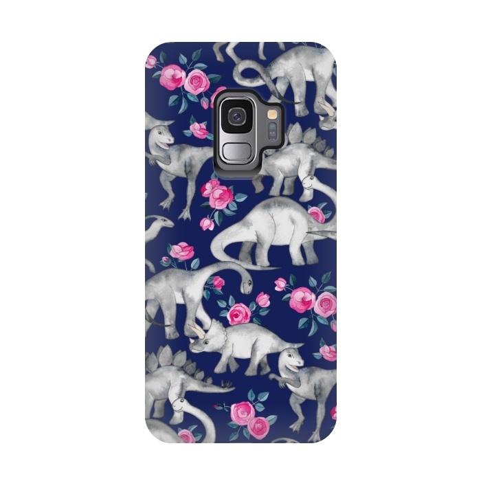 Galaxy S9 StrongFit Dinosaurs and Roses on Dark Blue Purple by Micklyn Le Feuvre