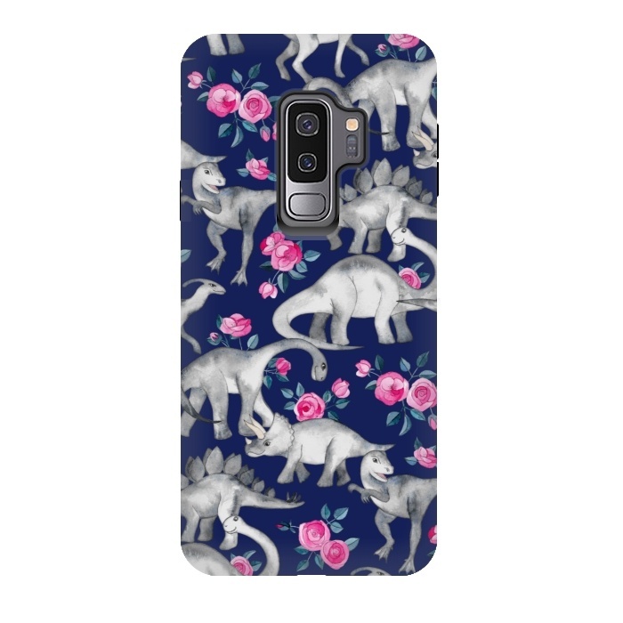 Galaxy S9 plus StrongFit Dinosaurs and Roses on Dark Blue Purple by Micklyn Le Feuvre