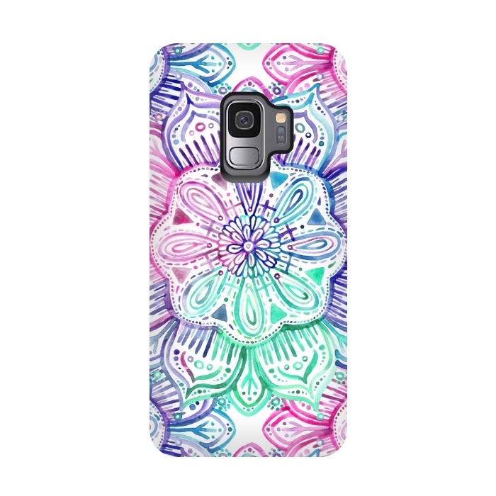 Galaxy S9 StrongFit Watercolor Mandala in Mint, Magenta and Purple by Micklyn Le Feuvre