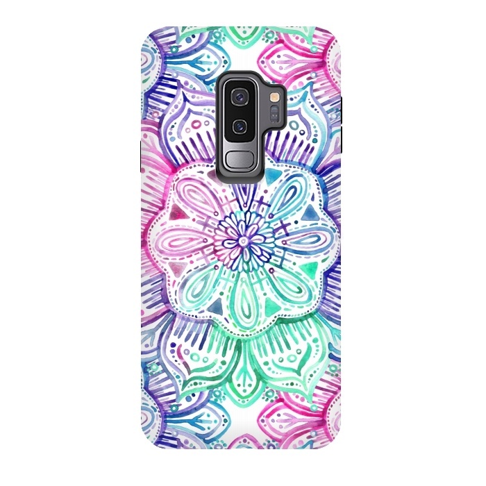 Galaxy S9 plus StrongFit Watercolor Mandala in Mint, Magenta and Purple by Micklyn Le Feuvre