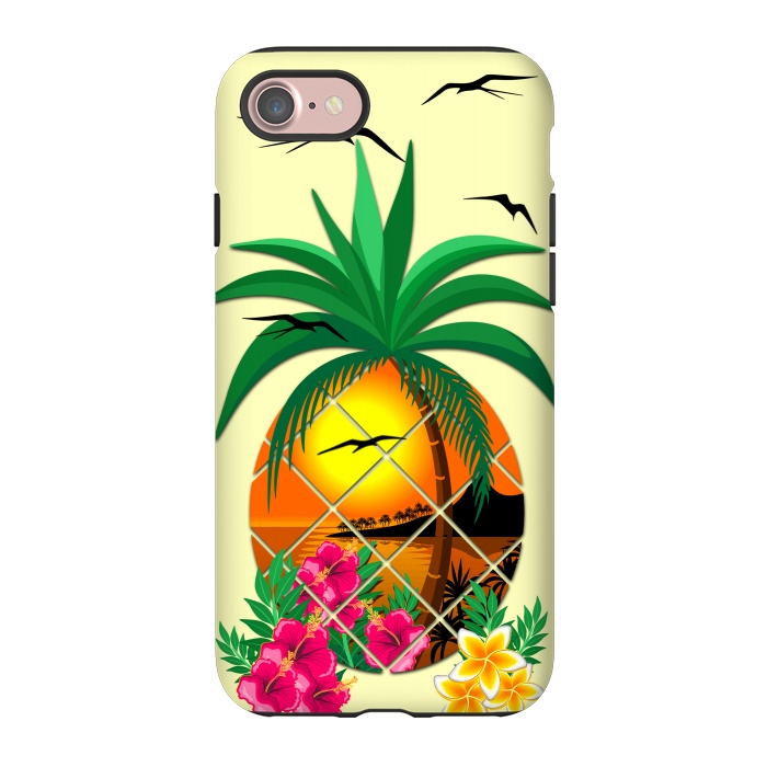 iPhone 7 StrongFit Pineapple Tropical Sunset, Palm Tree and Flowers by BluedarkArt