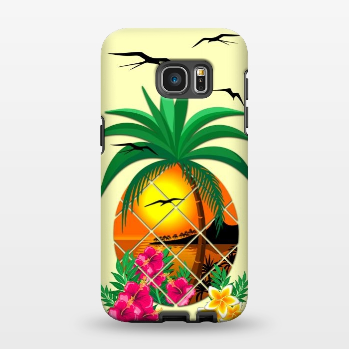 Galaxy S7 EDGE StrongFit Pineapple Tropical Sunset, Palm Tree and Flowers by BluedarkArt