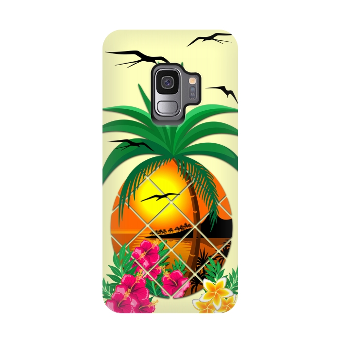 Galaxy S9 StrongFit Pineapple Tropical Sunset, Palm Tree and Flowers by BluedarkArt