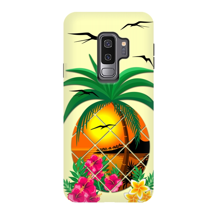 Galaxy S9 plus StrongFit Pineapple Tropical Sunset, Palm Tree and Flowers by BluedarkArt