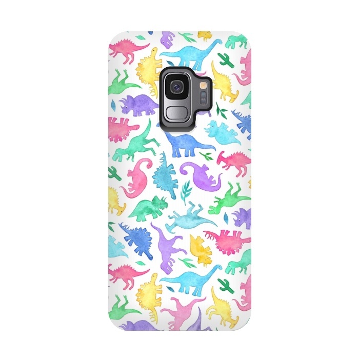Galaxy S9 StrongFit Ditsy Dinos in Bright Pastels on White by Micklyn Le Feuvre