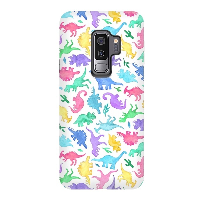 Galaxy S9 plus StrongFit Ditsy Dinos in Bright Pastels on White by Micklyn Le Feuvre
