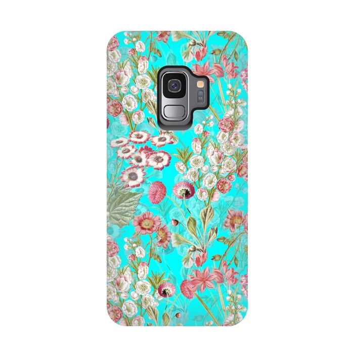 Galaxy S9 StrongFit White & Pink Flowers on Teal by  Utart