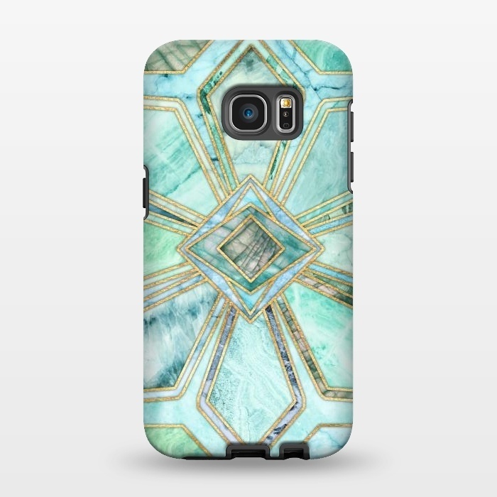 Galaxy S7 EDGE StrongFit Geometric Gilded Stone Tiles in Mint and Jade Green by Micklyn Le Feuvre