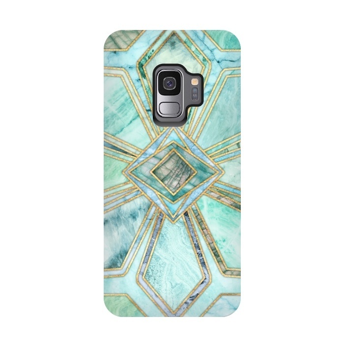 Galaxy S9 StrongFit Geometric Gilded Stone Tiles in Mint and Jade Green by Micklyn Le Feuvre