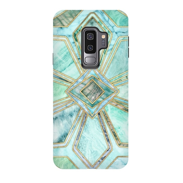 Galaxy S9 plus StrongFit Geometric Gilded Stone Tiles in Mint and Jade Green by Micklyn Le Feuvre