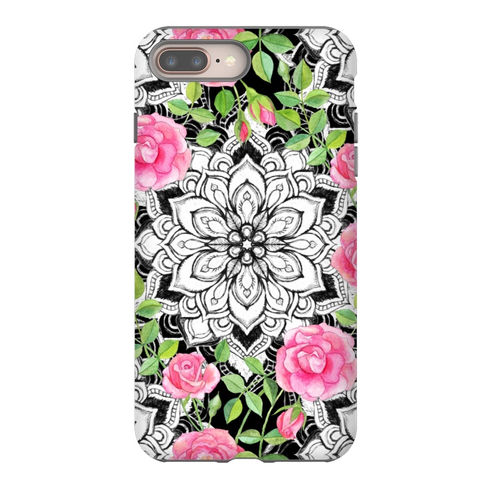 iPhone 7 plus StrongFit Peach Pink Roses and Mandalas on Black and White Lace by Micklyn Le Feuvre