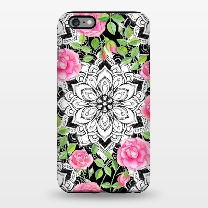 iPhone 6/6s plus StrongFit Peach Pink Roses and Mandalas on Black and White Lace by Micklyn Le Feuvre