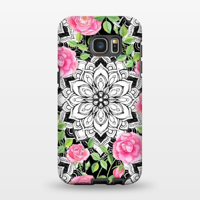 Galaxy S7 EDGE StrongFit Peach Pink Roses and Mandalas on Black and White Lace by Micklyn Le Feuvre