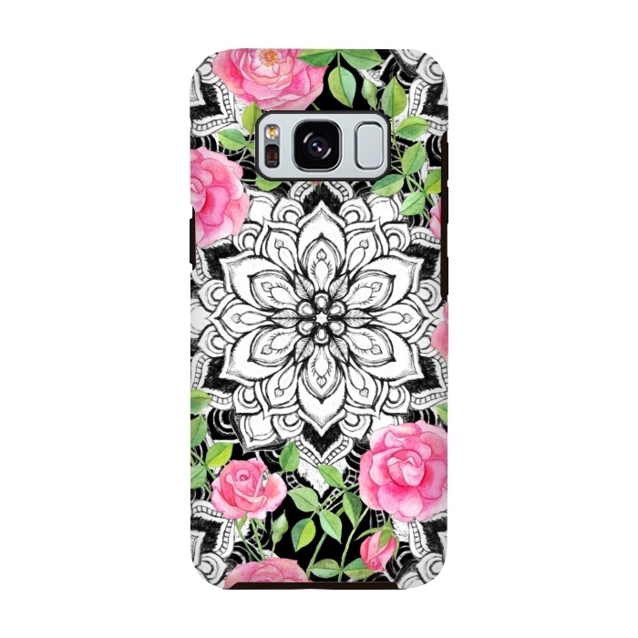 Galaxy S8 StrongFit Peach Pink Roses and Mandalas on Black and White Lace by Micklyn Le Feuvre