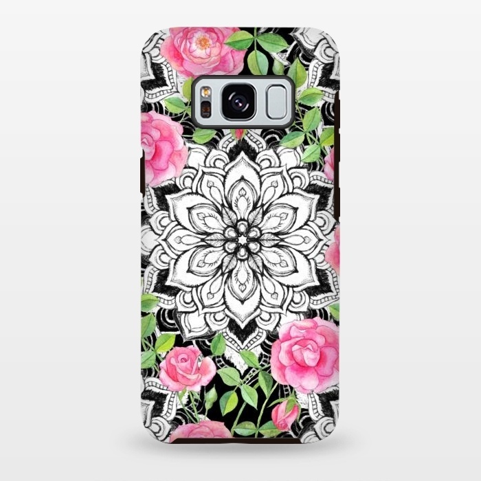 Galaxy S8 plus StrongFit Peach Pink Roses and Mandalas on Black and White Lace by Micklyn Le Feuvre