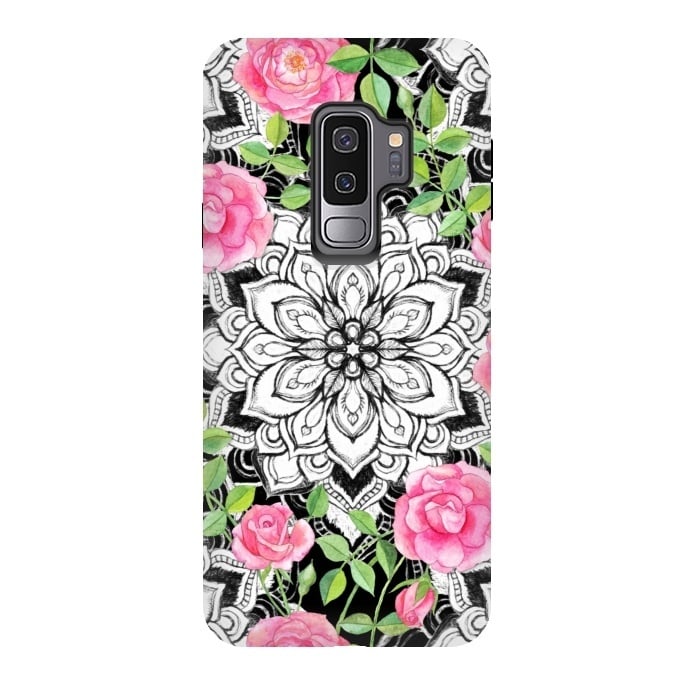 Galaxy S9 plus StrongFit Peach Pink Roses and Mandalas on Black and White Lace by Micklyn Le Feuvre