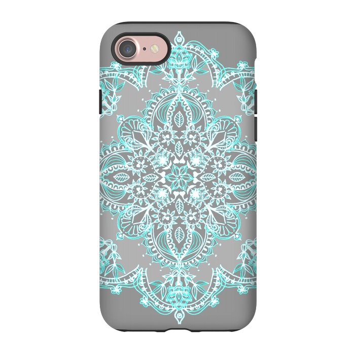 iPhone 7 StrongFit Teal and Aqua Lace Mandala on Grey  by Micklyn Le Feuvre