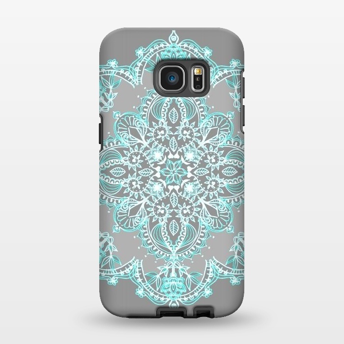 Galaxy S7 EDGE StrongFit Teal and Aqua Lace Mandala on Grey  by Micklyn Le Feuvre