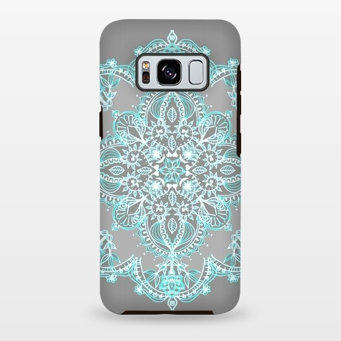 Galaxy S8 plus StrongFit Teal and Aqua Lace Mandala on Grey  by Micklyn Le Feuvre