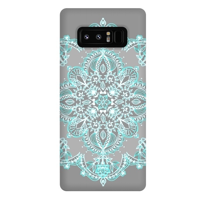 Galaxy Note 8 StrongFit Teal and Aqua Lace Mandala on Grey  by Micklyn Le Feuvre