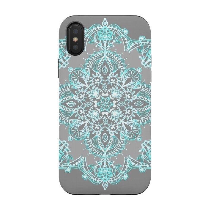 iPhone Xs / X StrongFit Teal and Aqua Lace Mandala on Grey  by Micklyn Le Feuvre