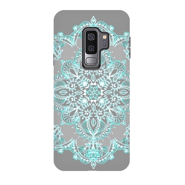 Galaxy S9 plus StrongFit Teal and Aqua Lace Mandala on Grey  by Micklyn Le Feuvre