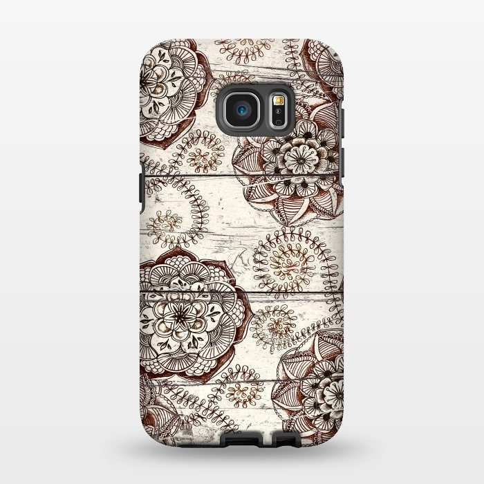 Galaxy S7 EDGE StrongFit Coffee & Cocoa - brown & cream floral doodles on wood by Micklyn Le Feuvre