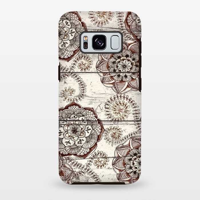 Galaxy S8 plus StrongFit Coffee & Cocoa - brown & cream floral doodles on wood by Micklyn Le Feuvre
