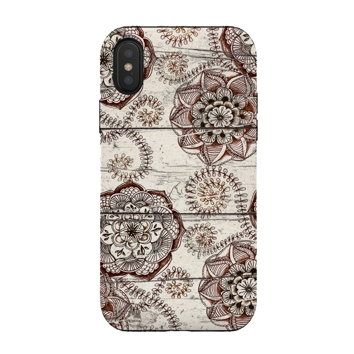 iPhone Xs / X StrongFit Coffee & Cocoa - brown & cream floral doodles on wood by Micklyn Le Feuvre