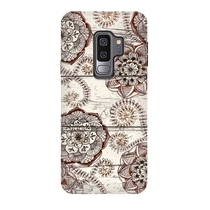 Galaxy S9 plus StrongFit Coffee & Cocoa - brown & cream floral doodles on wood by Micklyn Le Feuvre