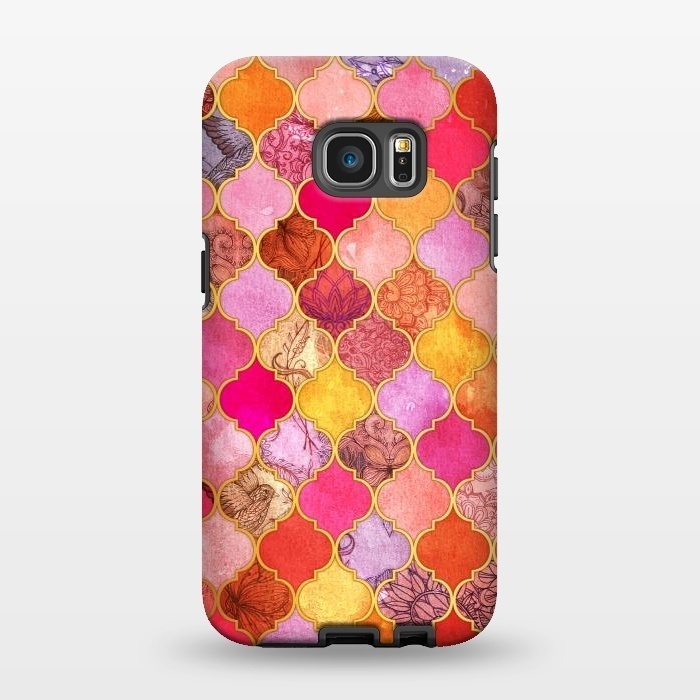 Galaxy S7 EDGE StrongFit Hot Pink, Gold, Tangerine & Taupe Decorative Moroccan Tile Pattern by Micklyn Le Feuvre