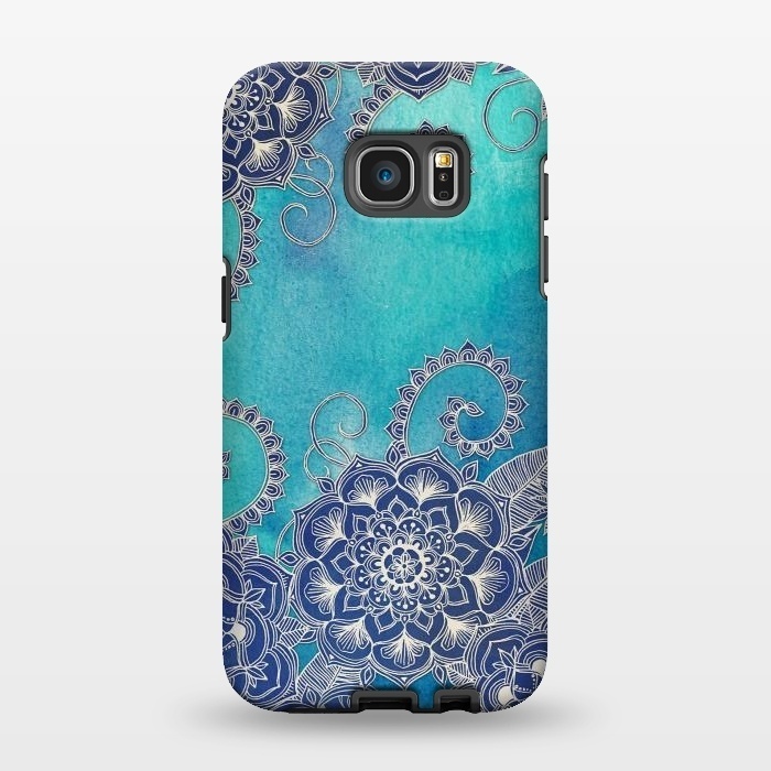 Galaxy S7 EDGE StrongFit Mermaid's Garden - Navy & Teal Floral on Watercolor by Micklyn Le Feuvre