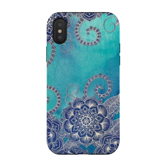 iPhone Xs / X StrongFit Mermaid's Garden - Navy & Teal Floral on Watercolor by Micklyn Le Feuvre
