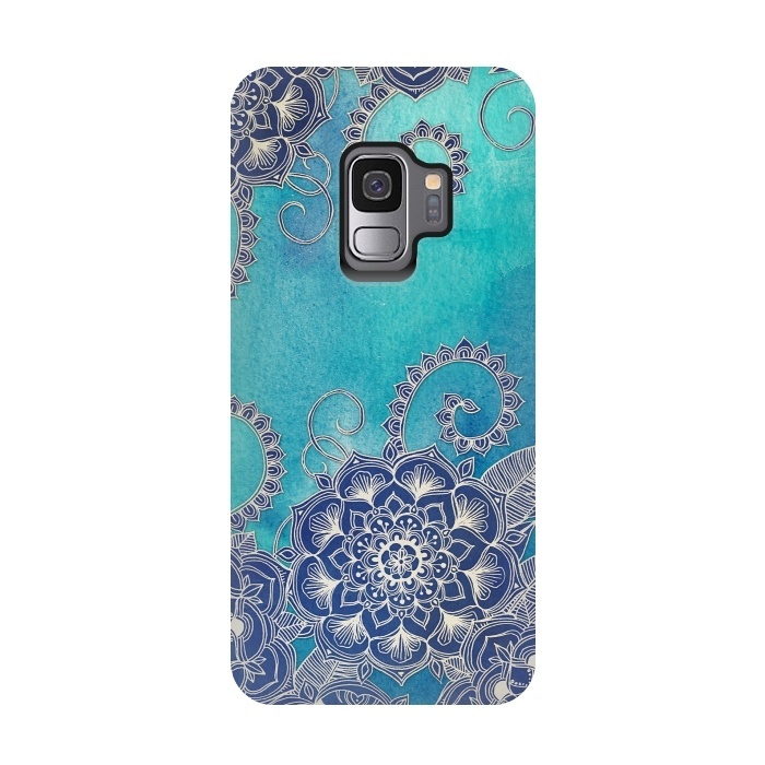 Galaxy S9 StrongFit Mermaid's Garden - Navy & Teal Floral on Watercolor by Micklyn Le Feuvre