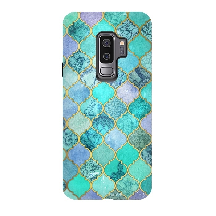 Galaxy S9 plus StrongFit Cool Jade Icy Mint Decorative Moroccan Tile Pattern by Micklyn Le Feuvre