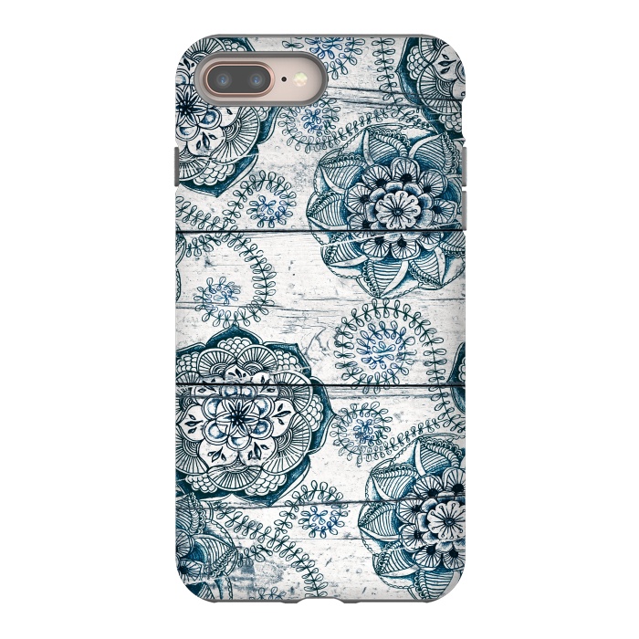iPhone 7 plus StrongFit Navy Blue Floral Doodles on Wood by Micklyn Le Feuvre
