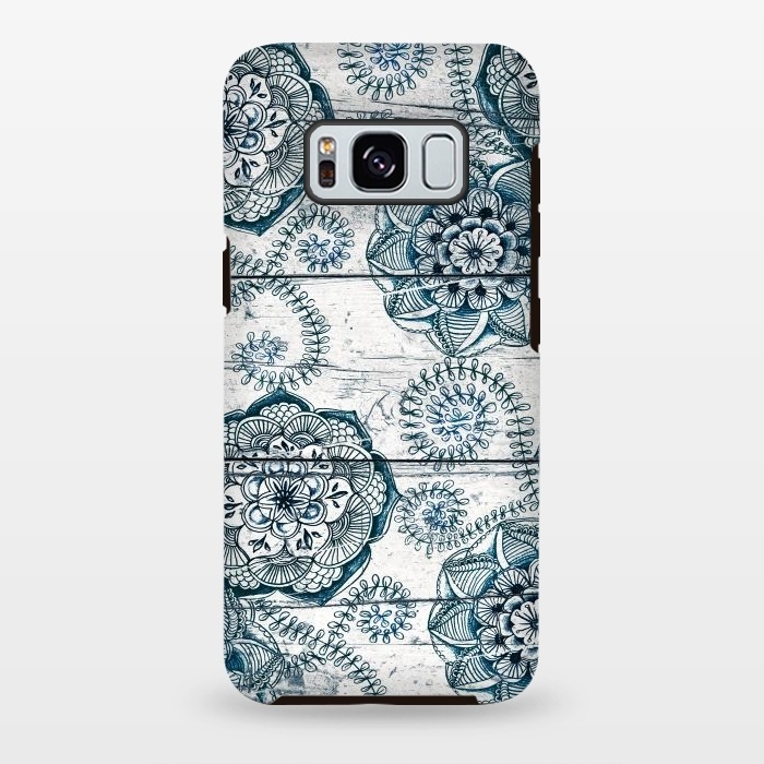 Galaxy S8 plus StrongFit Navy Blue Floral Doodles on Wood by Micklyn Le Feuvre