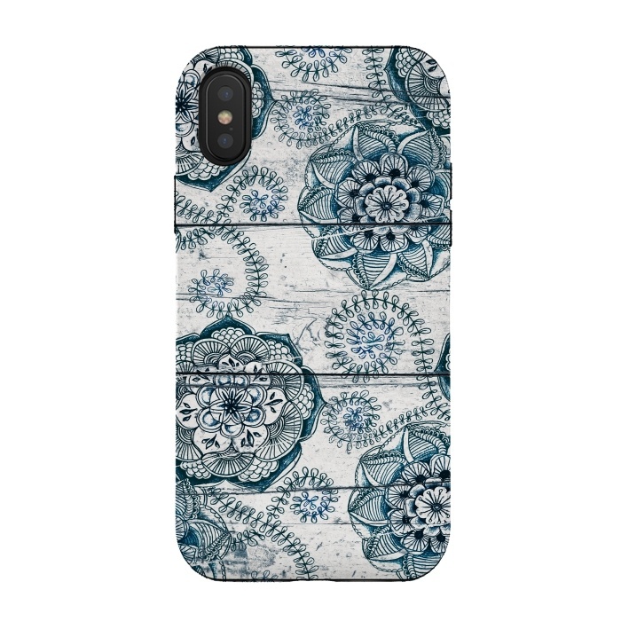 iPhone Xs / X StrongFit Navy Blue Floral Doodles on Wood by Micklyn Le Feuvre