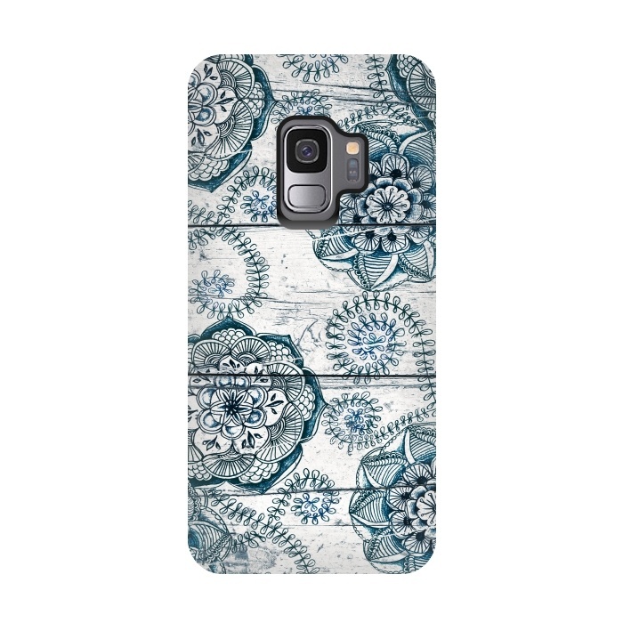 Galaxy S9 StrongFit Navy Blue Floral Doodles on Wood by Micklyn Le Feuvre