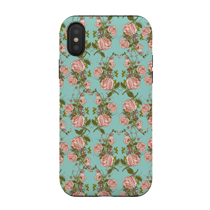 iPhone Xs / X StrongFit Vintage Rosy Floral-Blue by Quirk It Up