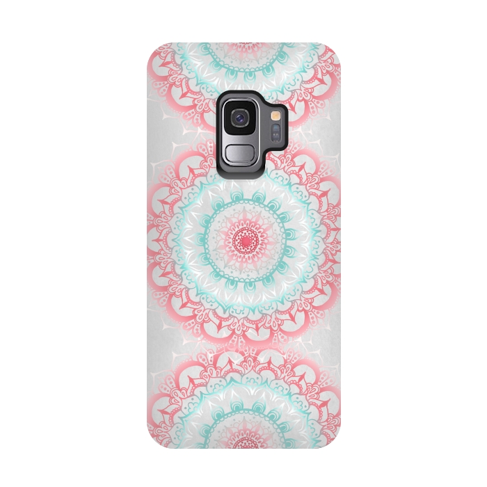 Galaxy S9 StrongFit Faded Coral & Mint Mandalas on Grey by Tangerine-Tane