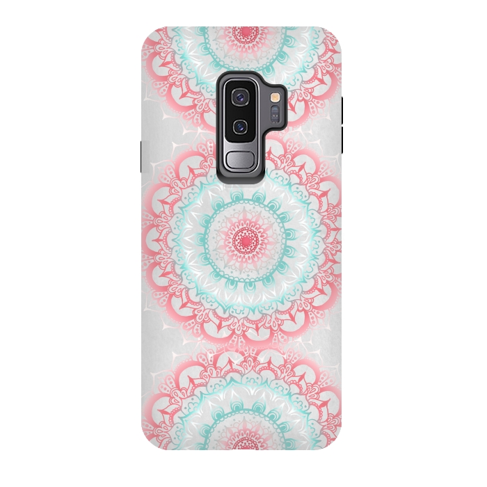 Galaxy S9 plus StrongFit Faded Coral & Mint Mandalas on Grey by Tangerine-Tane