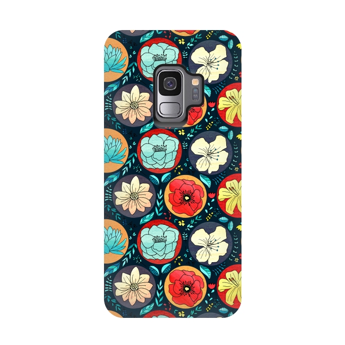 Galaxy S9 StrongFit Navy Polka Dot Floral  by Tigatiga