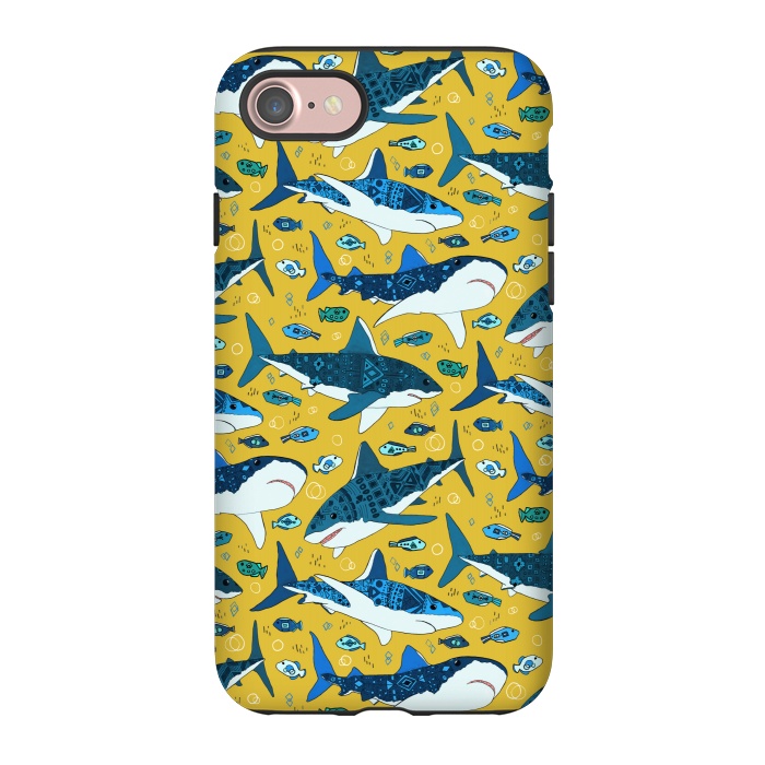iPhone 7 StrongFit Tribal Sharks & Fish On Mustard by Tigatiga