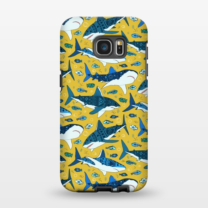 Galaxy S7 EDGE StrongFit Tribal Sharks & Fish On Mustard by Tigatiga