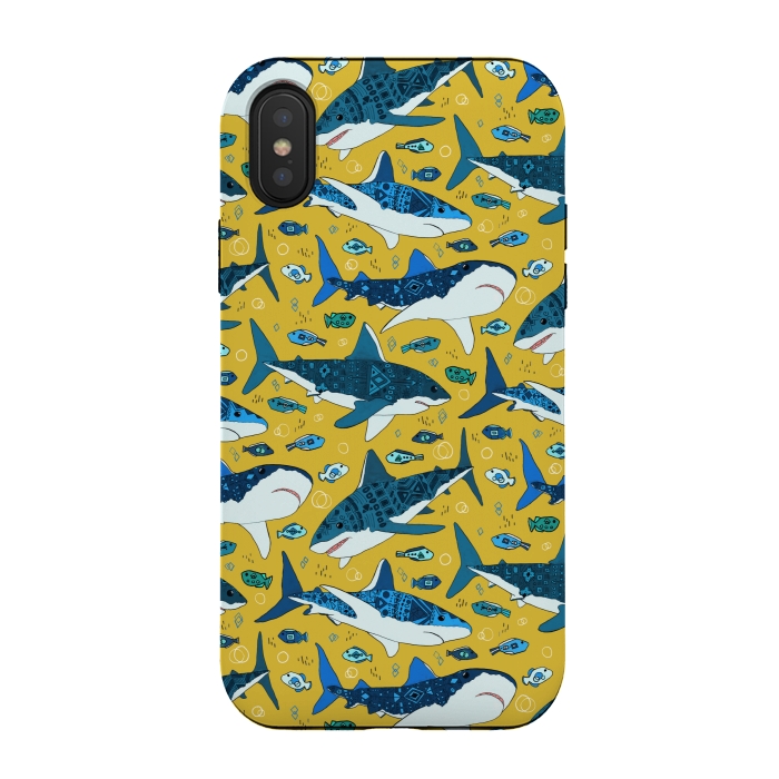 iPhone Xs / X StrongFit Tribal Sharks & Fish On Mustard by Tigatiga