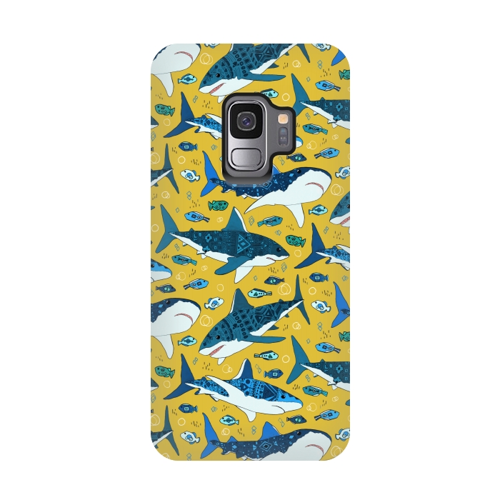 Galaxy S9 StrongFit Tribal Sharks & Fish On Mustard by Tigatiga