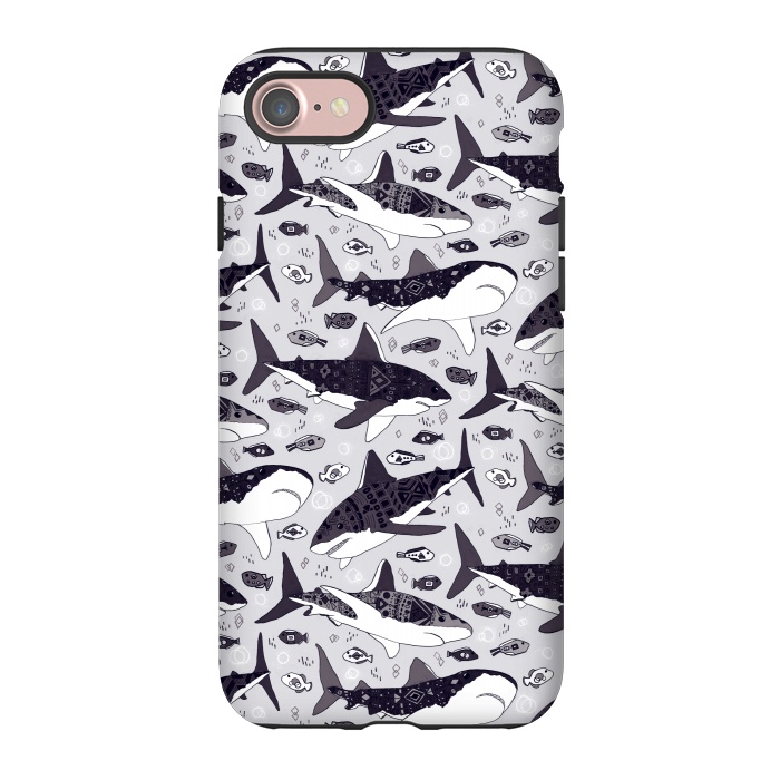 iPhone 7 StrongFit Black & White Tribal Sharks & Fish  by Tigatiga