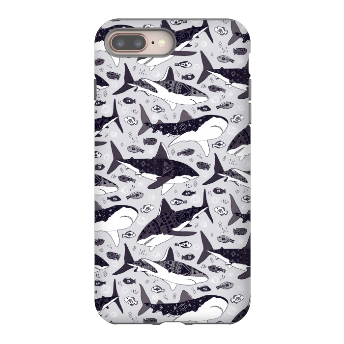iPhone 7 plus StrongFit Black & White Tribal Sharks & Fish  by Tigatiga