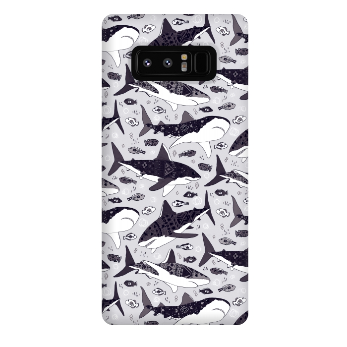 Galaxy Note 8 StrongFit Black & White Tribal Sharks & Fish  by Tigatiga